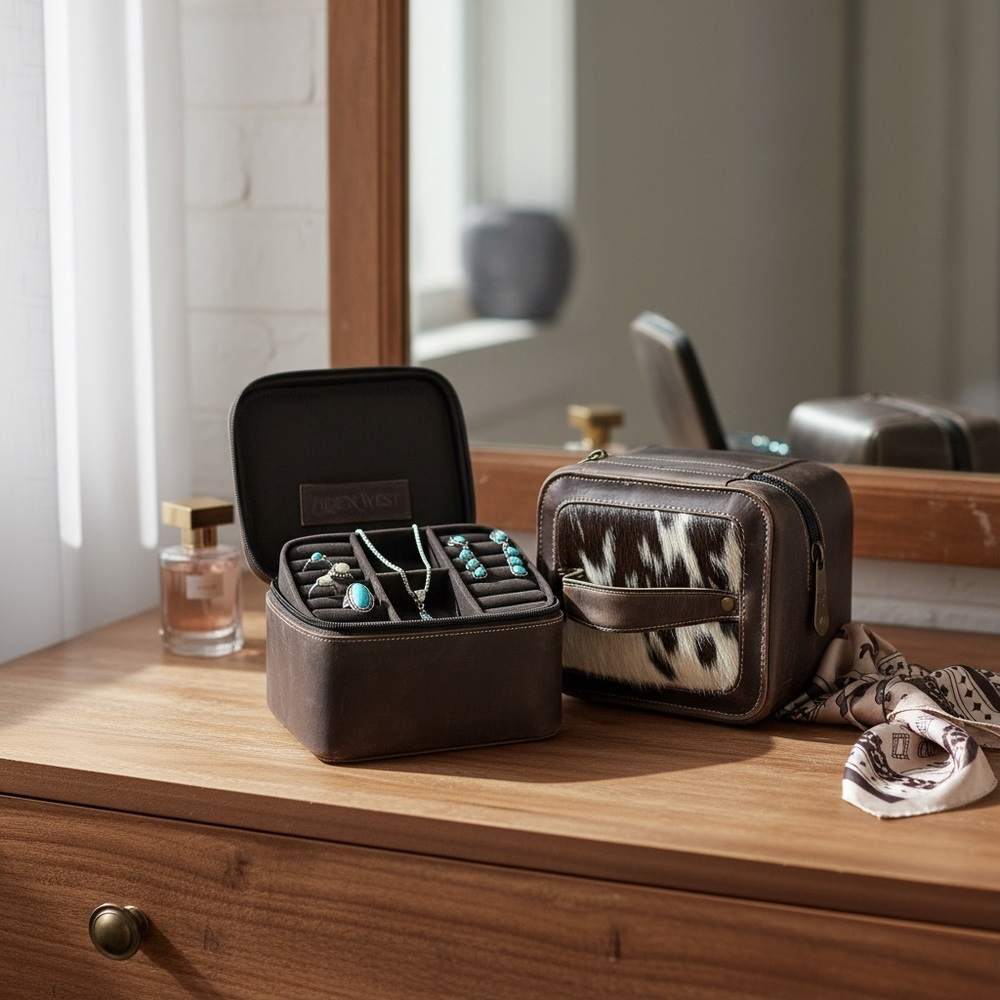 New Crazy Horse Leather & Cowhide Small Jewelry Box Rustic Gift😍 With Jewelry